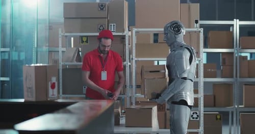 Man and Robot Stacking Boxes in Warehouse