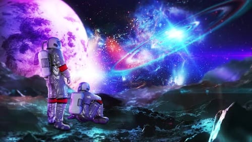Astronauts on Alien Planet Looking at Cosmic Nebula