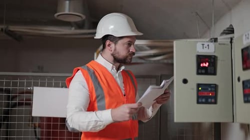 Electrical Engineer Examines Documents Near Control Panel in Server Room