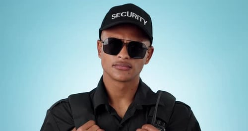 Security guard, studio face and man confident in protection, job experience