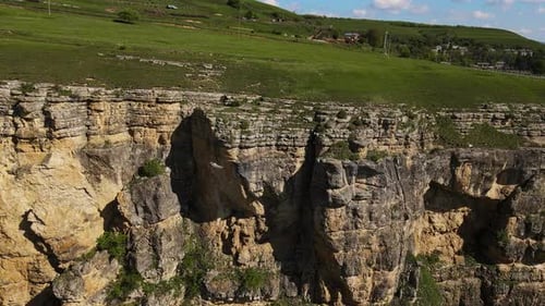 AÉREO Un buitre gitano vuela sobre un hermoso desfiladero verde en las montañas