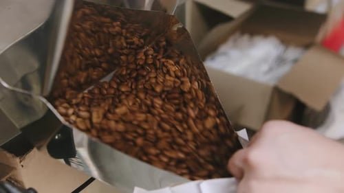 Barista Pours Roasted Coffee Beans Into a Bag at the Artisan Cafe on a Busy Morning in the City