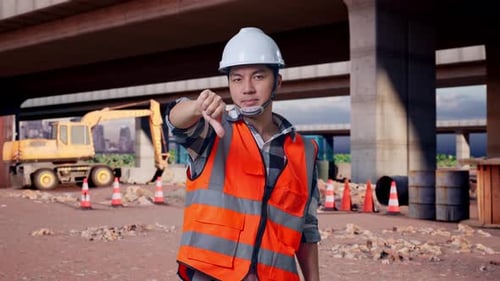 Asian Male Engineer Showing Thumbs Down Gesture And Shaking His Head At Building Site