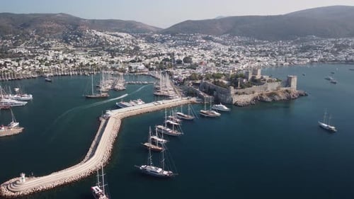 Awesome aerial view of Bodrum Castle and Bodrum Harbor, Turkey
