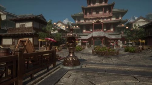 Vibrant Village Square Featuring Traditional Japanese Architecture