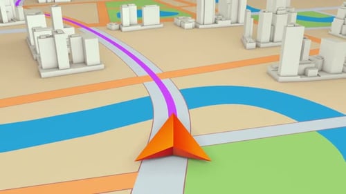 GPS-Navigationskonzept 5. Pfeil, der sich auf einer Karte vorwärts bewegt. Nahtlose Schleife