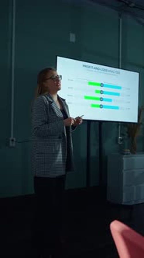 Business Professional Presenting Profit and Loss Analysis on Digital Display Screen During Corporate