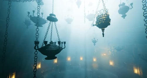 Mysterious Ancient Chandeliers Hanging in a Foggy Temple Chamber