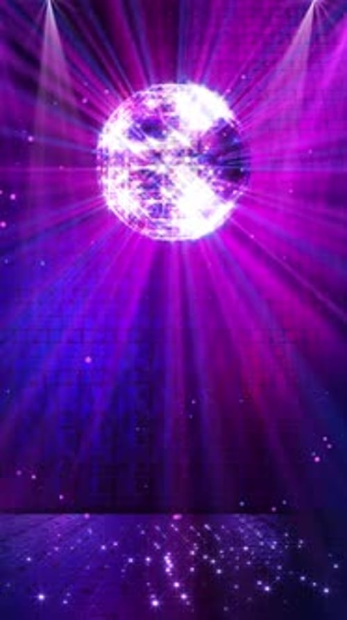 Shimmering Mirror Disco Sphere Emits Vibrant Neon Rays Across Dark Space Scene Futuristic Party