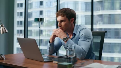 Closeup Nervous Entrepreneur Looking Laptop Screen in Office Interior. Stressed Businessman Checking