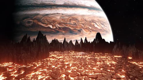 Jupiter Seen from the Moon Io with Lava Flows on the Volcanic World