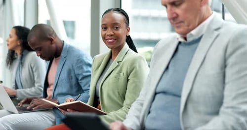 Business people, portrait and group in a row in an office for corporate meeting