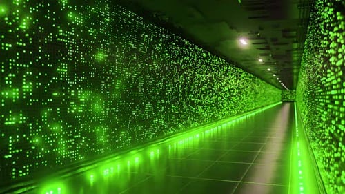 Datacenter corridor flashing green lights reflecting on floor