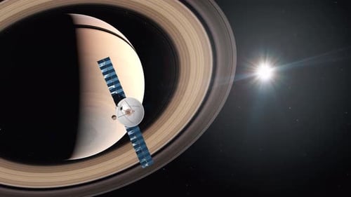 Space Probe Flying By the Ringed Gas Giant Saturn