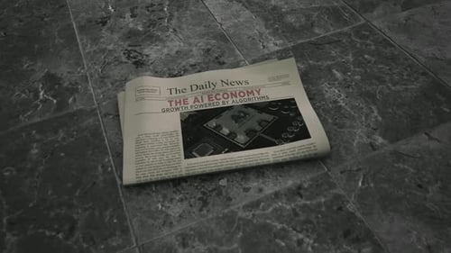 Animated Newspaper with AI Economy Headline and Circuit Board