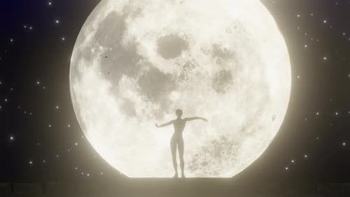 Silhouette Dancing Against a Bright Full Moon and Stars