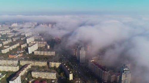 Aerial Birds Eye View of Kyiv City Urban Futuristic Skyline During Fog Skylines Under the Thick Fog
