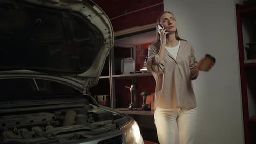 A Woman Stands in a Garage at Night Talking on a Phone with a Worried Expression She is Holding a