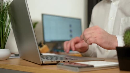 Open Laptop Close Up Unrecognizable Man Working at His Desk at Home Opens and Starts Using Notebook