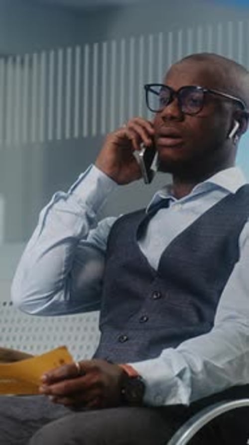 Airport Terminal Entrepreneur Irritated About Delayed Flight Holding Airplane Ticket Talking on