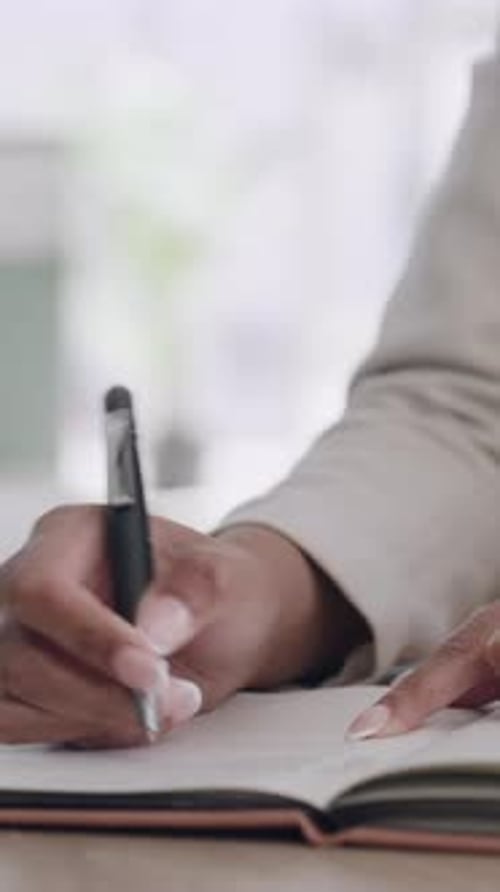 Hands, woman and laptop with writing in office for calendar update, article schedule and planning