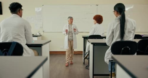 School, chemistry and teacher with students in classroom for learning, education and science lesson