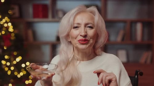 Mujer Senior Atractiva Saluda Felicita a sus amigos con las vacaciones de Año Nuevo en un Chat de Vídeo en