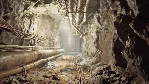 Flying Through Dark Underground Mine Tunnel 3D Animation