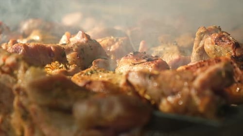 Nahaufnahme vieler goldener Fleischstücke, die auf heißen Kohlen geröstet werden und Rauch und das brutzelnde Aroma von Kebab freisetzen