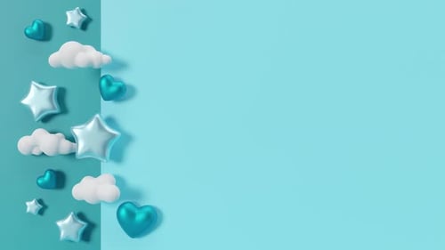 Blue background with hearts, clouds, stars and copy space. It's a boy animated backdrop