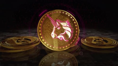 Boucle de pièces dorées à cryptomonnaie Uniswap Uni sur écran numérique
