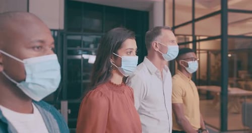 Face mask, diversity and row of business people by building for protection