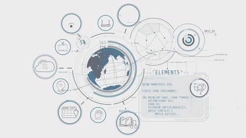 Futuristic Global Technology HUD Animation with Rotating Earth and Icons
