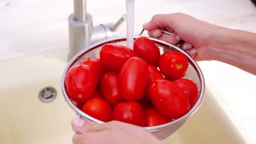 woman hands washing tomatoes in kitchen sink