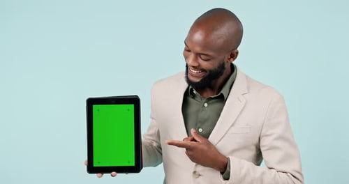 Tablet, green screen and business man presentation, advertising mockup and website design space