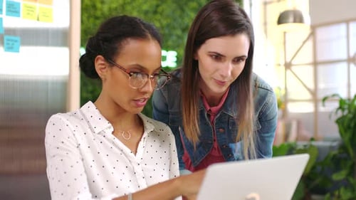 Focused Women Collaborating on Laptop in Bright Office