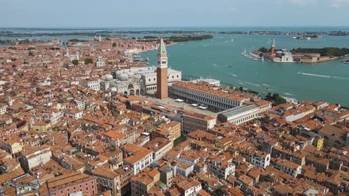 Wide aerial shot of the renowned island of venice in Italy in broad daylight
