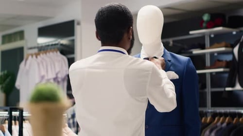 Clothing Salesman Adjusting Tie on Mannequin in Store