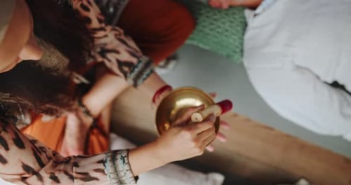 Person, hands and sound therapy with bowl above in peace, audio wave or vibration together