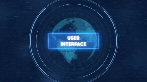 Digitales Benutzeroberflächen-HUD mit rotierendem Globus für globale Technologie- und Datennetzwerke