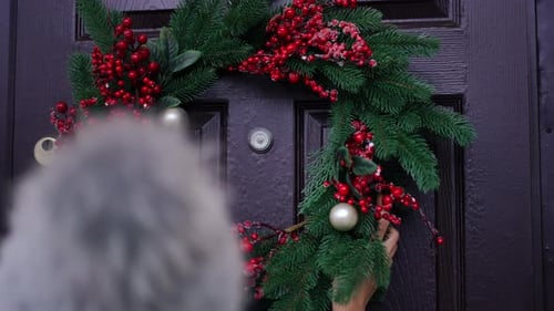 Hanging Wreath on Front Door for Christmas