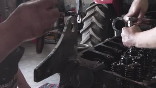 Engine Repair in Automotive Shop, Close Up