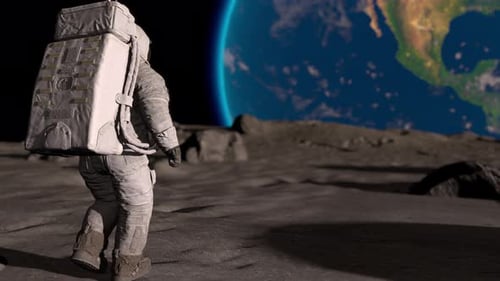 Astronaut Walking on Moon Surface with Planet Earth in Background
