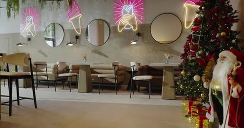 Christmas Holidays Interior In Small City Restaurant Modern Design In Cozy Cafe With Xmas Tree