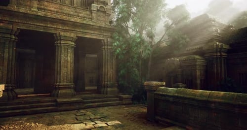 Ruines de temples mystérieuses entourées d'une végétation luxuriante à la lumière du petit matin