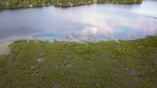 4k aerial clip flying from land over a canal and wetlands to the lake with blue water and green tree