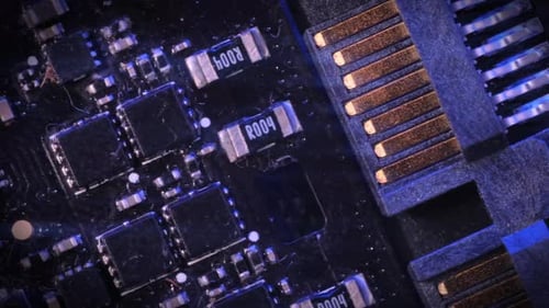 Chips and microcircuits different types in dark colors lie on table close up