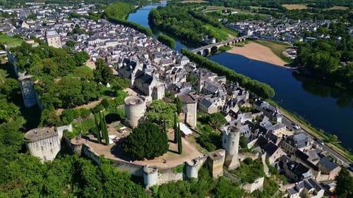 Chinon town and fortress, Loire Valley, France. Aerial drone panoramic view