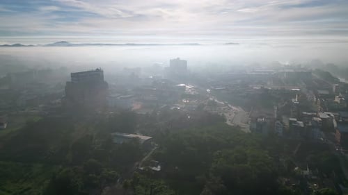 Foggy sky with a city in the background. Aerial view Kota Tinggi, Johor