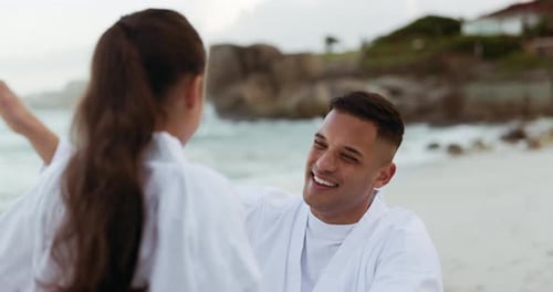 Karate, high five and hug with a family on the beach together outdoor for self defense workout